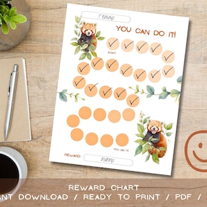 Simple Watercolor Red Panda Reward Chart for Potty Training, Chores (PDF, PNG Digital Download), Routine and habit Tracker, help for mums