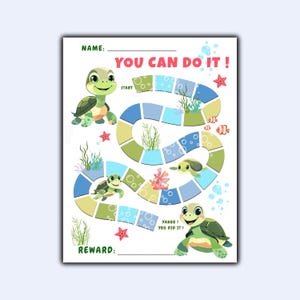 May include: A colorful game board featuring cartoon turtles, starfish, and fish. The board game has a winding path with the text "YOU CAN DO IT!" at the top and "YAHOO! YOU DID IT!" at the bottom. Includes spaces for "NAME:" and "REWARD:"