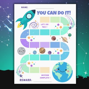 Puede incluir: Un gráfico de recompensas con temática espacial con un cohete, planetas, estrellas y las palabras "YOU CAN DO IT!" y "LET'S DO THIS!". El gráfico incluye espacios para recompensas y un gráfico de la Tierra sonriente.