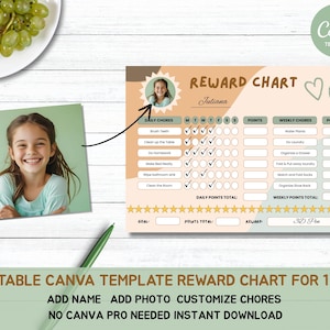 May include: A reward chart template with a photo of a girl, designed for one child. The chart includes sections for daily and weekly chores, with space to track points and rewards. Text on the chart includes "Reward Chart", "Daily Chores", and "Weekly Chores".