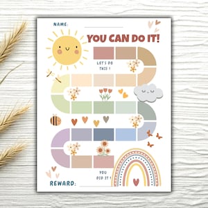 May include: A colorful reward chart with a smiling sun, flowers, and a rainbow. The text "YOU CAN DO IT!" and "LET'S DO THIS!" are displayed. The chart includes spaces for rewards and a place to write a name.