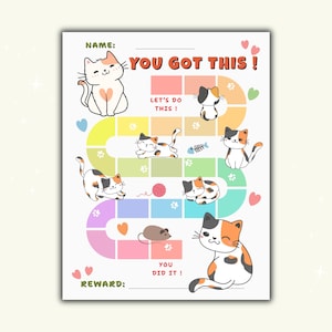Könnte beinhalten: Eine farbenfrohe Belohnungstafel mit Cartoon-Katzen und den Sätzen "You Got This!", "Let's Do This!" und "You Did It!". Die Tafel enthält Felder für Belohnungen und einen Namen.