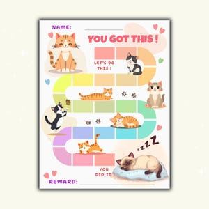 May include: A vibrant chart with cartoon cats, paw prints, and the phrases "You Got This!", "Let's Do This!", and "You Did It!". The chart includes spaces for a name and reward, with a playful design.