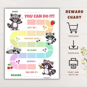May include: A printable reward chart featuring cartoon raccoons and encouraging phrases like "You Can Do It!" and "Awesome Work!" The chart includes spaces for rewards and a section to write the child's name. The design incorporates colorful shapes and illustrations.