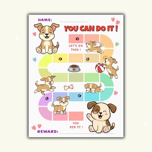 Może przedstawiać: Kolorowy wykres nagród z motywem psów z tekstem "YOU CAN DO IT!" i "LET'S DO THIS!". Wykres zawiera kreskówkowe psy, ślady łap i miejsca na nagrody. Zaprojektowany, aby zachęcać do pozytywnego zachowania.