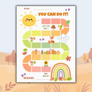 Puede incluir: Un colorido cuadro de recompensas con un sol sonriente, un zorro, calabazas y un arcoíris. Se muestra el texto "YOU CAN DO IT!" y "LET'S DO THIS!". El cuadro incluye espacios para un nombre y una recompensa.