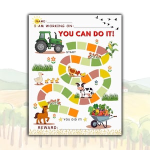 May include: A colorful farm-themed game board with a green tractor, a cow, a horse, and other farm animals. The text "YOU CAN DO IT!" is prominently displayed. The board game has a path with spaces and the words "START" and "YOU DID IT!"