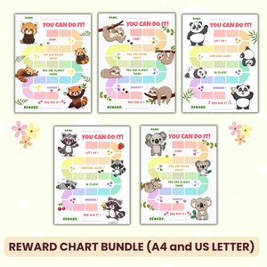 May include: A bundle of colorful reward charts featuring various animals like pandas, sloths, and raccoons. Each chart has a path with encouraging phrases such as "You can do it!" and "Awesome work!" The charts are designed for positive reinforcement.