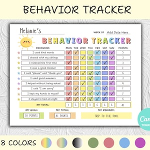 Könnte beinhalten: Ein farbenfroher Verhaltens-Tracker mit dem Titel "BEHAVIOR TRACKER" oben. Der Tracker enthält Abschnitte zur Verhaltensverfolgung, Wochentage und Punkte. Der untere Teil des Trackers lautet "IN 8 COLORS" und enthält ein Canva-Vorlagenlogo.