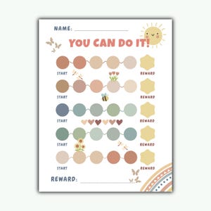 May include: A printable reward chart with the text "YOU CAN DO IT!" and space for a name and rewards. The chart features colorful circles, a smiling sun, butterflies, and decorative elements like flowers and hearts. Perfect for tracking goals.