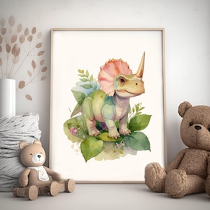 Watercolor Dinosaur Prints, Dinosaur Wall Art, Printable, Cute Triceratops Posters, Dinosaur Artwork Gift, Dinosaur Wall Decor