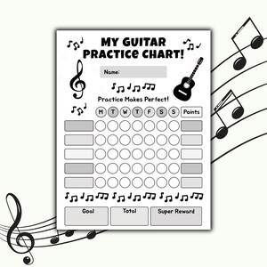 Op de afbeelding: Een witte gitaaroefenkaart met zwarte muzieknoten en een gitaarillustratie. De kaart bevat vakken voor de naam, de dagen van de week en punten, met de tekst "Practice Makes Perfect!"