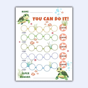 May include: A colorful reward chart with a marine theme. The chart features cartoon turtles, fish, and starfish. Text includes "You Can Do It!" and "Reward". There are spaces to write a name and for a "Super Reward".