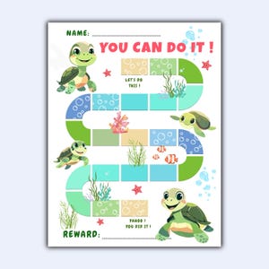 May include: A colorful reward chart featuring cartoon turtles, coral, and fish. The chart includes the text "YOU CAN DO IT!" and spaces for a name and reward. The design is playful and suitable for children.