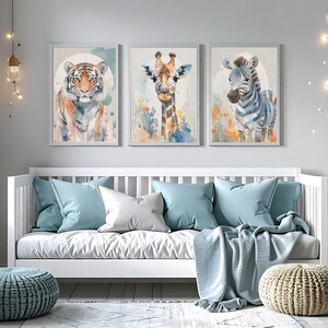 Safari Dschungel Tier Aquarell Druckt 3er Set Kinderzimmer Wand Kunst, Junge Mädchen Raum Dekor, Zoo Tier Kunstdrucke, Tiger, Giraffe, Zebra