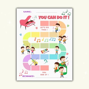 May include: A colorful reward chart with musical elements. Features a pink piano, musical notes, and illustrations of children playing instruments. Text includes "YOU CAN DO IT!" and "REWARD:" on a white background.
