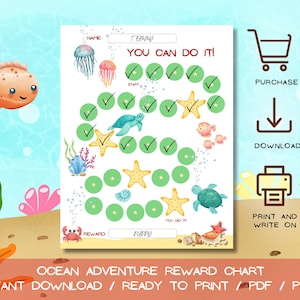 Może przedstawiać: Ilustrowany wykres nagród "Ocean Adventure" z motywem stworzeń morskich. Wykres zawiera żółwie, rozgwiazdy i ryby. Zawiera tekst "YOU CAN DO IT!" oraz pola wyboru do śledzenia postępów. Natychmiastowe pobieranie i gotowe do druku.
