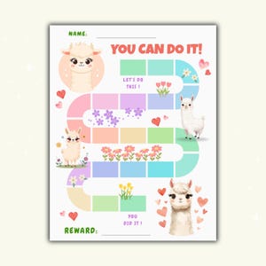 Puede incluir: Un colorido cuadro de recompensas con llamas, flores y corazones. El cuadro incluye el texto "YOU CAN DO IT!" y "LET'S DO THIS!" con espacios para un nombre y una recompensa. El diseño es caprichoso y apto para niños.