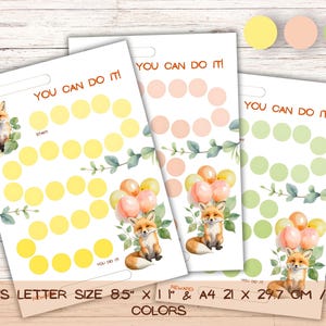 Peut inclure: Trois tableaux de récompenses avec une illustration de renard, des ballons et le texte "YOU CAN DO IT!". Les tableaux sont en jaune, pêche et vert, avec un chemin de cercles. La taille est de 21 cm x 29,7 cm.