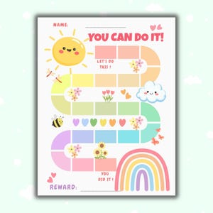 Op de afbeelding: Een kleurrijke beloningskaart met een lachende zon, een bij, een wolk en regenboog illustraties. De kaart bevat de tekst "YOU CAN DO IT!" en "LET'S DO THIS!" met ruimte voor namen en beloningen.