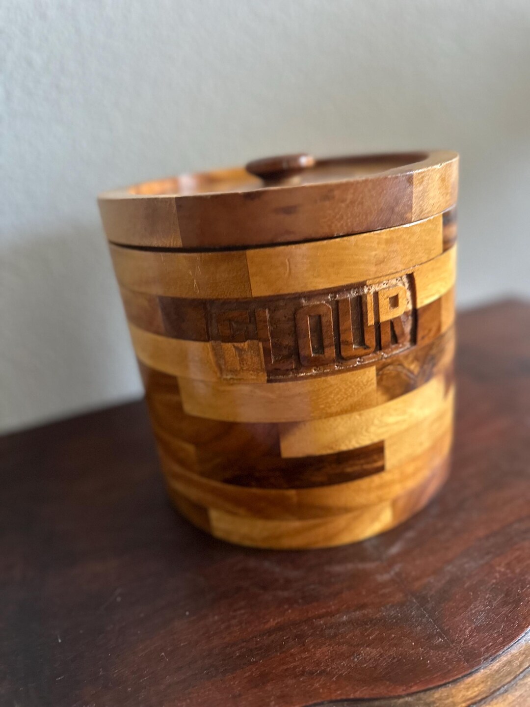Patchwork Wood Vintage Flour Container | MCM Kitchen Design | Marquetry ...