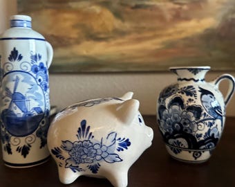 Set of 3 vintage Delft hand painted porcelain china | vintage Delft piggy bank jug creamer pitcher vinegar cruet | Holland delft set