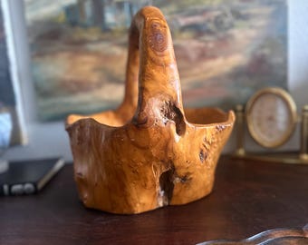 Hand carved Burlwood basket | rustic primitive basket fruit bowl centerpiece