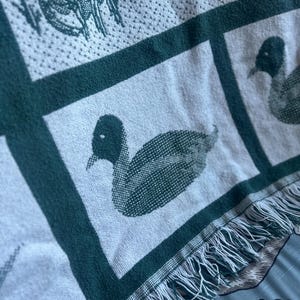 Pu&ograve; includere: Una coperta tessuta con un motivo ripetuto di anatre in verde scuro su sfondo grigio chiaro. La coperta ha un bordo verde scuro e frange sul bordo inferiore. Le anatre sono raffigurate in modo dettagliato.