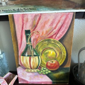 Gorgeous vintage mid century still life original painting | pink and green original signed oil painting | oil on board