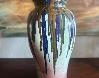 One of a kind vintage drip glaze raku fire studio pottery vase fine art pottery blue rust iridescent fire cured vase Japanese style pottery