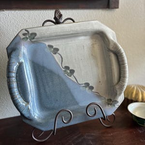 Handmade blue floral studio pottery tray with handles