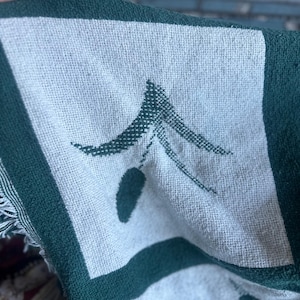 Pu&ograve; includere: Primo piano di una coperta tessuta con un motivo ripetuto di quadrati verdi e bianchi. Ogni quadrato presenta un design ad albero stilizzato. La coperta ha un bordo verde scuro e frange.