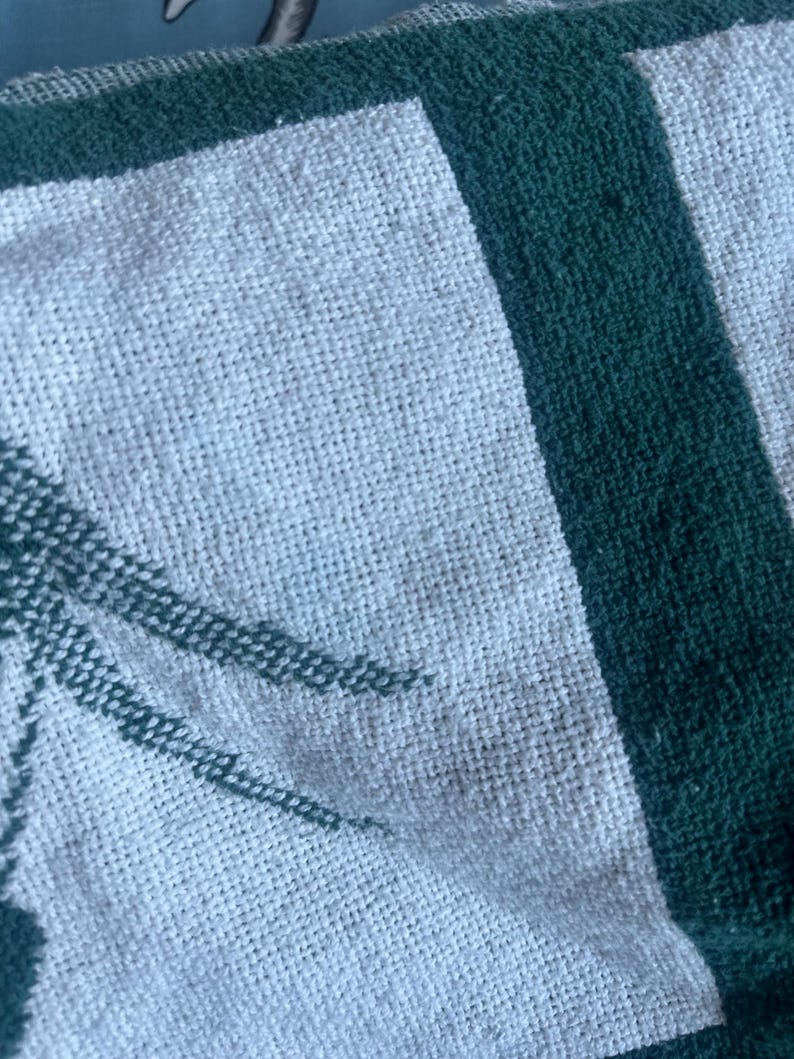 Pu&ograve; includere: Primo piano di una coperta tessuta bianca e verde. La coperta ha un centro bianco con un bordo verde e un disegno di palma verde nell'angolo. La trama della coperta &egrave; visibile.
