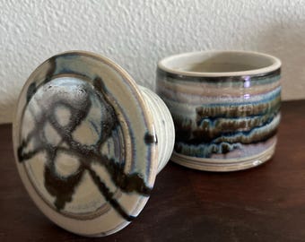 Studio pottery French style butter keeper with drippy glaze ombré design | vintage purple blue handmade pottery butter dish cottagecore