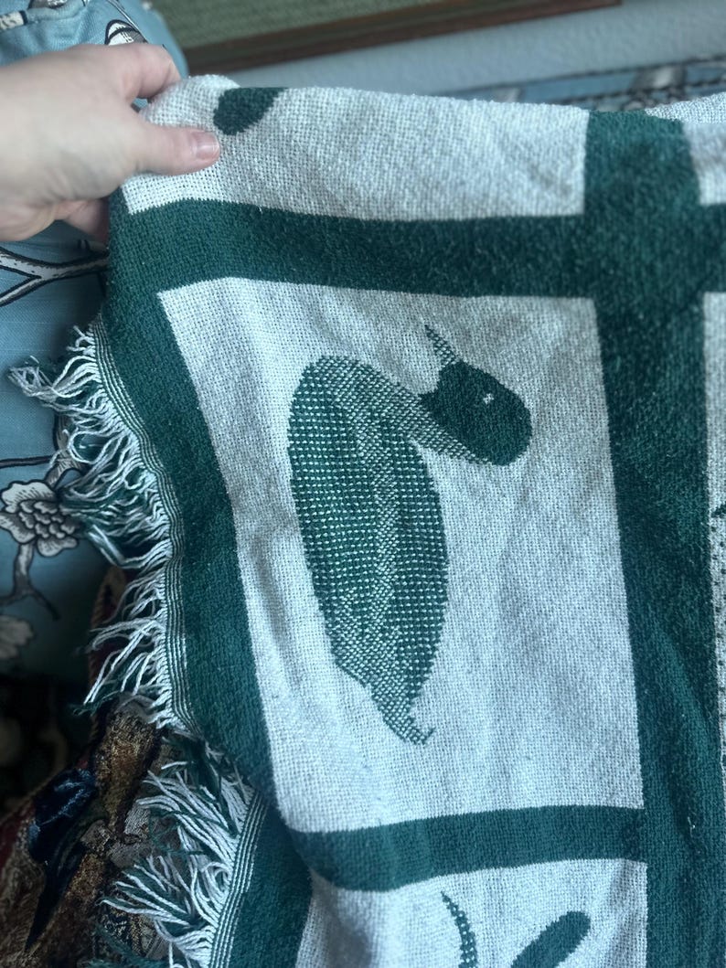 Pu&ograve; includere: Una coperta verde e bianca con un disegno di cavallo. La coperta ha un bordo con frange e un motivo ripetuto di cavalli all'interno di quadrati verdi. La coperta &egrave; realizzata in un materiale morbido e tessuto.