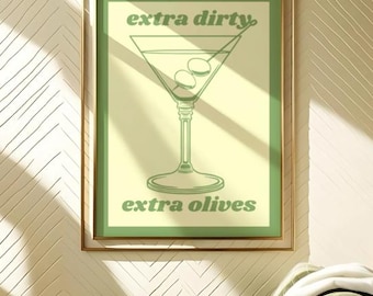 Trendig affisch med extra smutsig martini, barvagnsdekor, rolig väggkonst, olivgrön affisch, enkel cocktailkonst, utskrivbar konst digital nedladdning