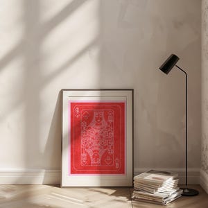 Póster de naipes de la Reina, póster moderno en rojo y rosa, arte mural moderno, decoración para sala de juegos, descarga digital de arte imprimible