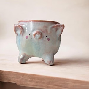Può includere: Un vaso di ceramica a forma di maiale, con una glassa azzurra e rosa. Il vaso ha piccole orecchie, un muso e punti rosa per gli occhi. Poggia su tre piccole zampe ed è adatto a piccole piante.