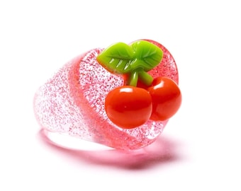Red Glitter Resin Heart Ring with Cherry Charm, Y2K Kawaii Statement Jewelry (Size 8)