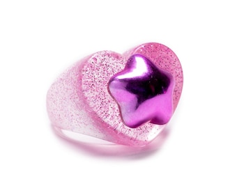 Anillo de corazón de resina rosa con purpurina, dije de estrella Kawaii, joyería Y2K
