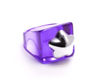 Anillo de resina morada: dije de estrella plateada, joyería kawaii estilo Y2k - Talla 8.5