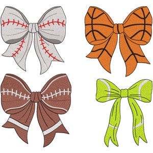 May include: Four decorative bows with sports themes. A baseball bow in white and gray with red stitching, an orange basketball bow, a brown football bow, and a green tennis ball bow.