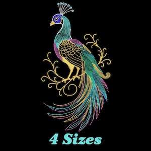 May include: An embroidered peacock design in shades of blue, green, gold, and purple, set against a black background. The peacock is perched on a gold branch. The text "4 Sizes" is at the bottom.