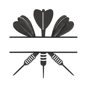 May include: Black and white embroidered design featuring three darts with feathered flights above a horizontal line, and three darts below. The design is suitable for embroidery projects, apparel, or home decor.