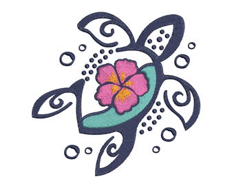 May include: Embroidered design of a sea turtle with a pink and yellow hibiscus flower in the center. The turtle is navy blue with teal accents and surrounded by bubbles. The design is on a white background.