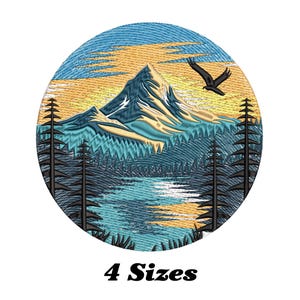Majestic Mountain Sunrise Over Forest Lake Embroidery Design, Mountain Sunrise Machine Embroidery Design For Men, Women, Girls, Kids