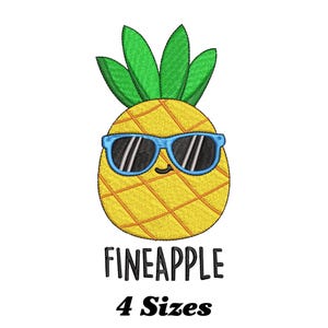 Puede incluir: Una piña de dibujos animados con gafas de sol azules con el texto "FINEAPPLE" y "4 Sizes" debajo.