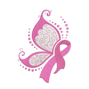 Pink Ribbon Butterfly Breast Cancer Awareness Embroidery Design, Breast Cancer Machine Embroidery Design For Women, Girls