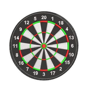 以下が含まれることがあります： 赤と緑のアクセントが付いた、白と黒のダーツボード。1から20までの数字が周囲に配置されています。中央には赤いブルズアイがあります。