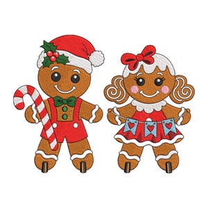 May include: An embroidery design featuring two gingerbread figures. The left figure wears a red Santa hat with holly, a green bowtie, and red overalls while holding a red and white candy cane. The right figure has a red hair bow and a red dress with a blue heart-patterned banner.